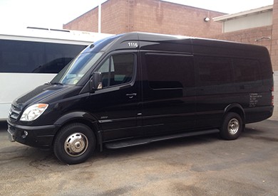 A plain black sprinter van in a parking lot